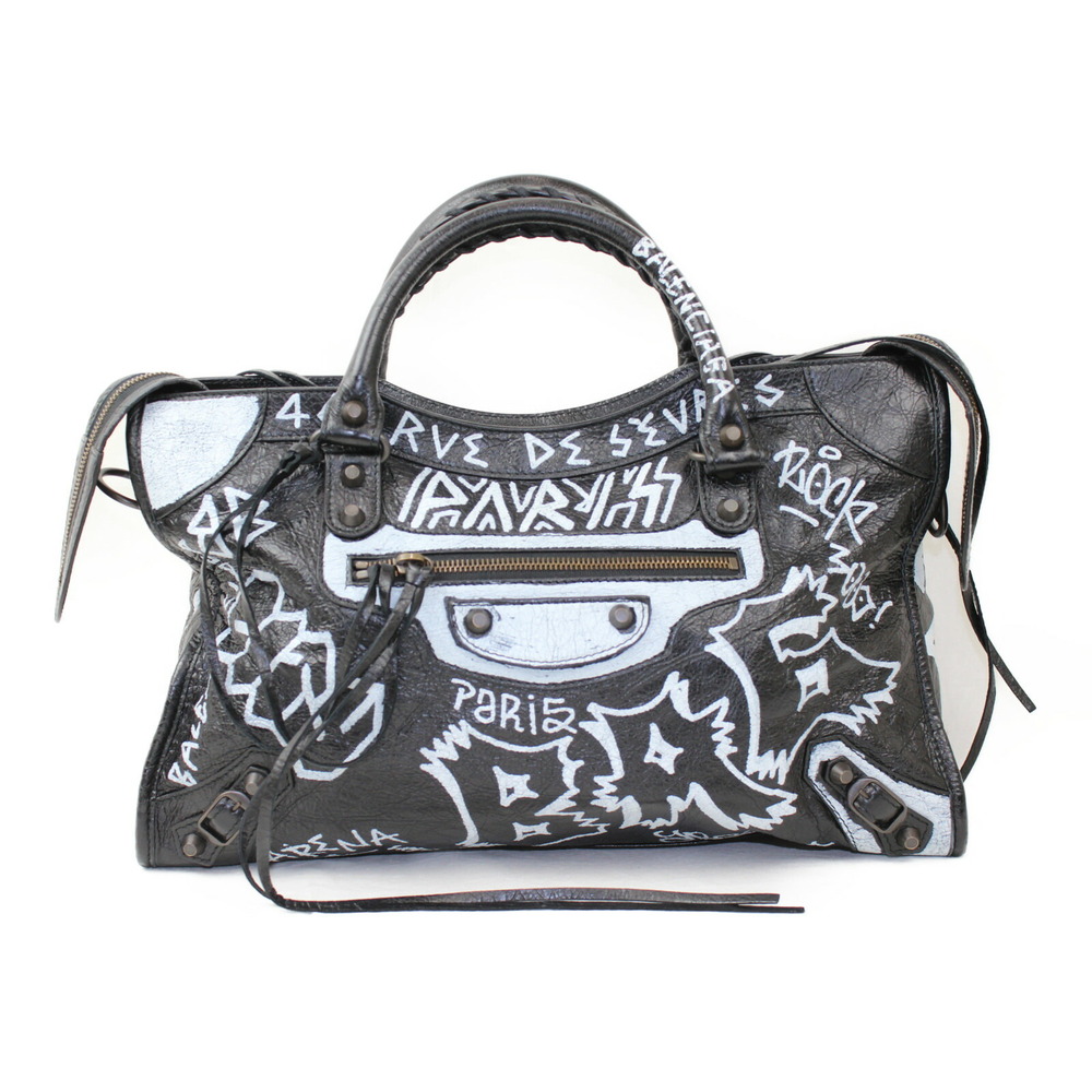 BALENCIAGA Graffiti Classic City Handbag Shoulder Bag Black Paint